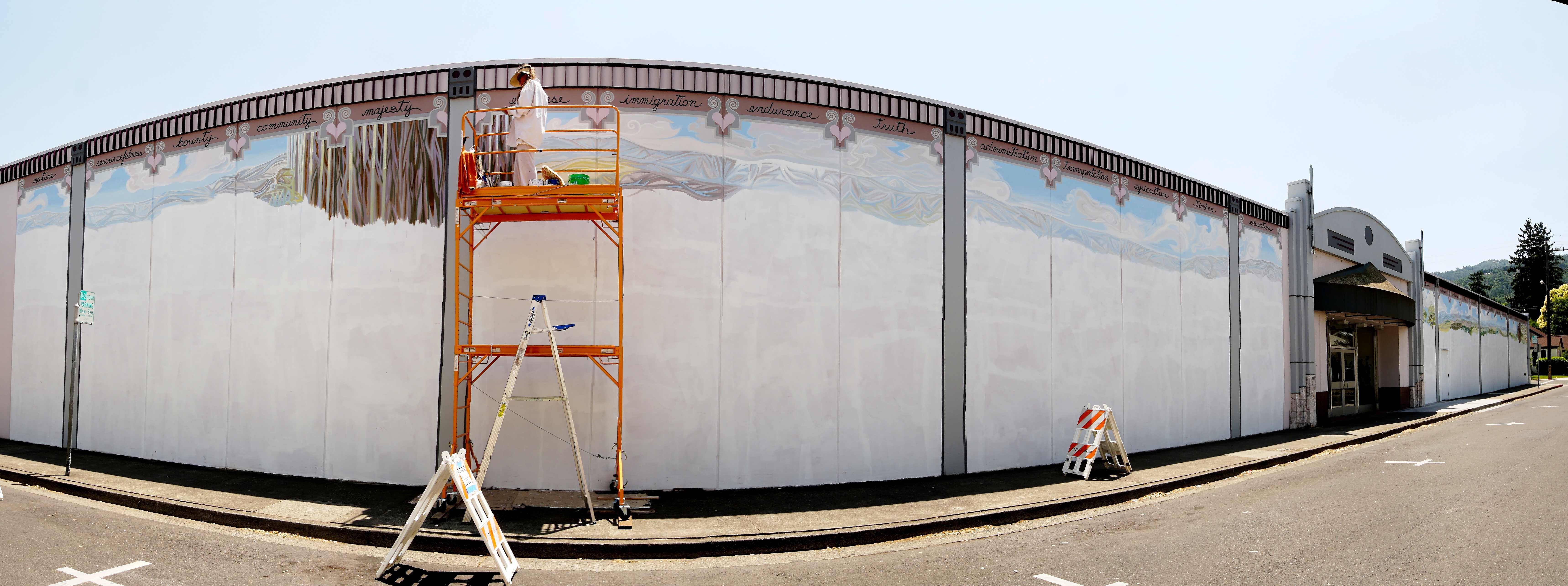 The Conference Center wall, at the beginning of the mural: double-level scaffolding!