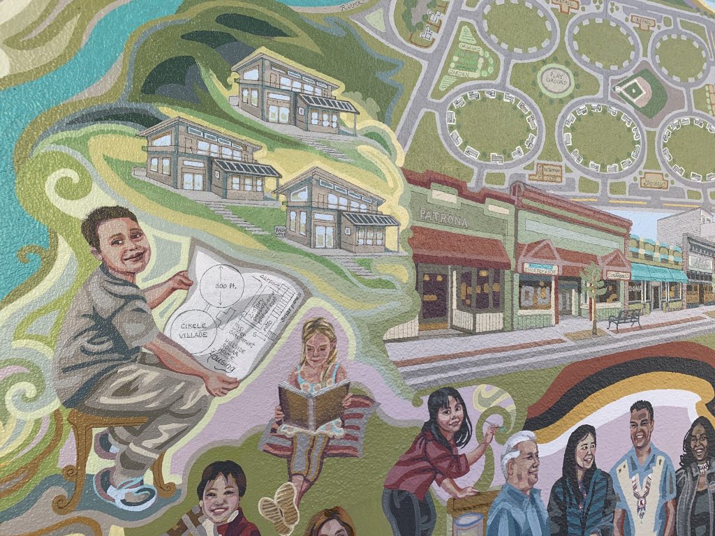 Portraits in the mural include a boy with architectural plans and a girl reading