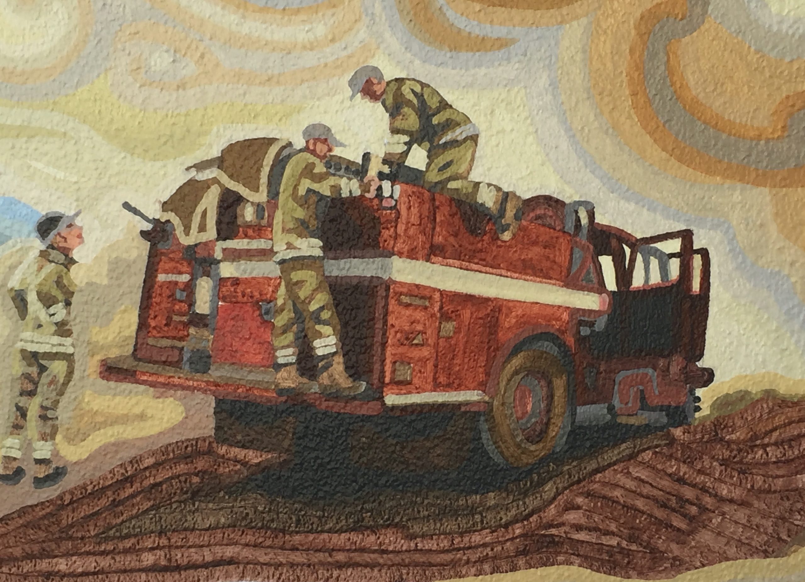 A CalFire truck with tired men and women firefighters. 